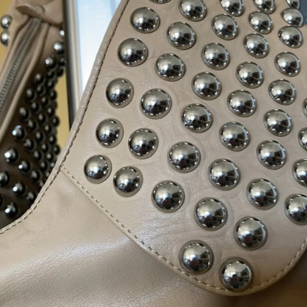 G series camel faux leather hobo purse with large silver decorative studs